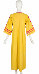 1970s Hand-Embroidered Yellow Cotton Caftan Maxi Dress