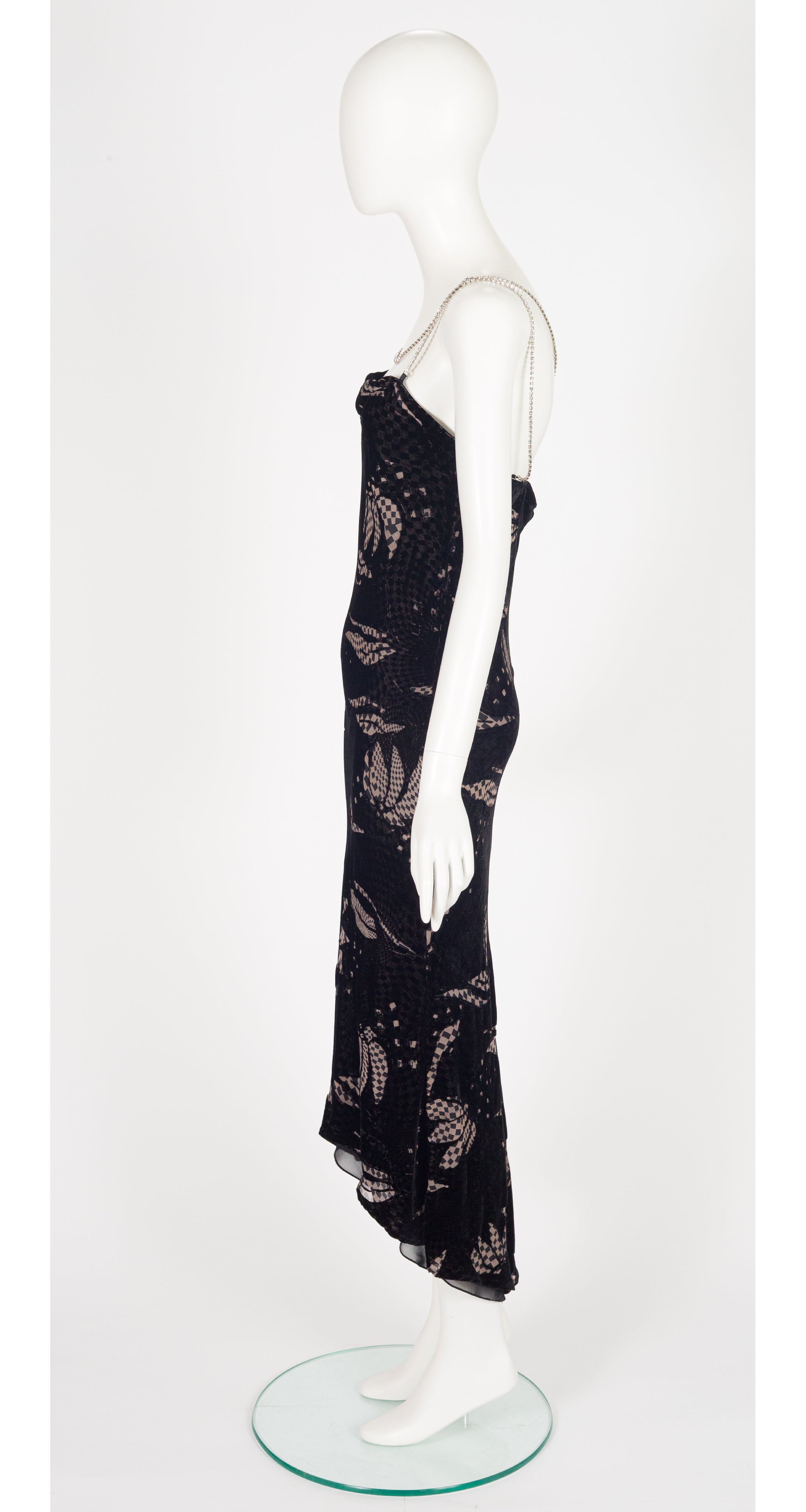 1990s Op Art Devoré Rhinestone Chain Evening Slip Dress