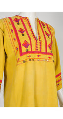 1970s Hand-Embroidered Yellow Cotton Caftan Maxi Dress