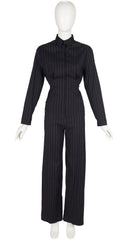 1990s Pinstripe Black Cotton Zip-Up Pant Suit