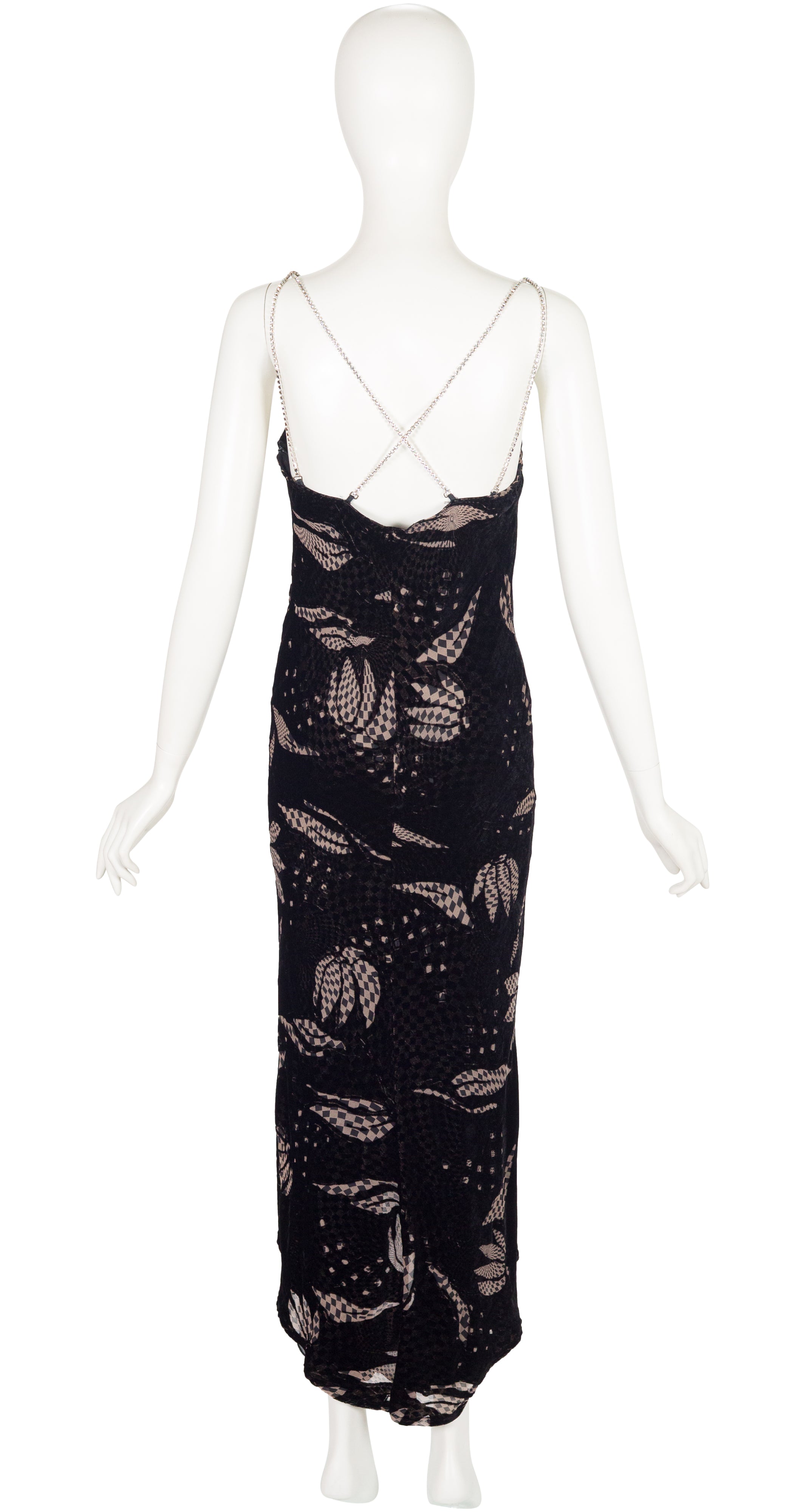 1990s Op Art Devoré Rhinestone Chain Evening Slip Dress