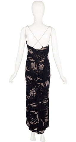 1990s Op Art Devoré Rhinestone Chain Evening Slip Dress