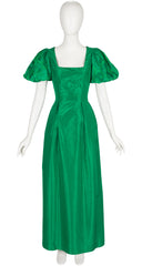 1980s Green Silk Taffeta Puff Sleeve Evening Gown
