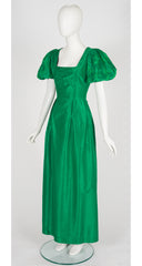 1980s Green Silk Taffeta Puff Sleeve Evening Gown
