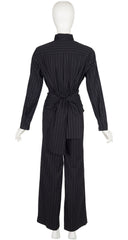 1990s Pinstripe Black Cotton Zip-Up Pant Suit