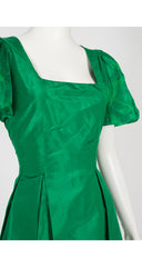 1980s Green Silk Taffeta Puff Sleeve Evening Gown