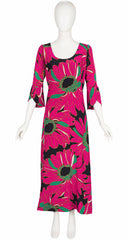 1960s Oversized Floral Print Black Silk Maxi Dress