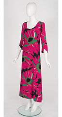 1960s Oversized Floral Print Black Silk Maxi Dress