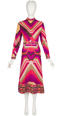 1970s Geometric Print Wool Jersey Long Sleeve Midi Dress