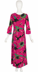 1960s Oversized Floral Print Black Silk Maxi Dress