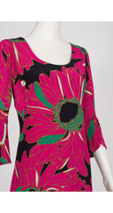 1960s Oversized Floral Print Black Silk Maxi Dress