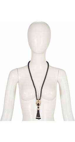 1980s Black Beaded Tassel Pendant Necklace w/ Box
