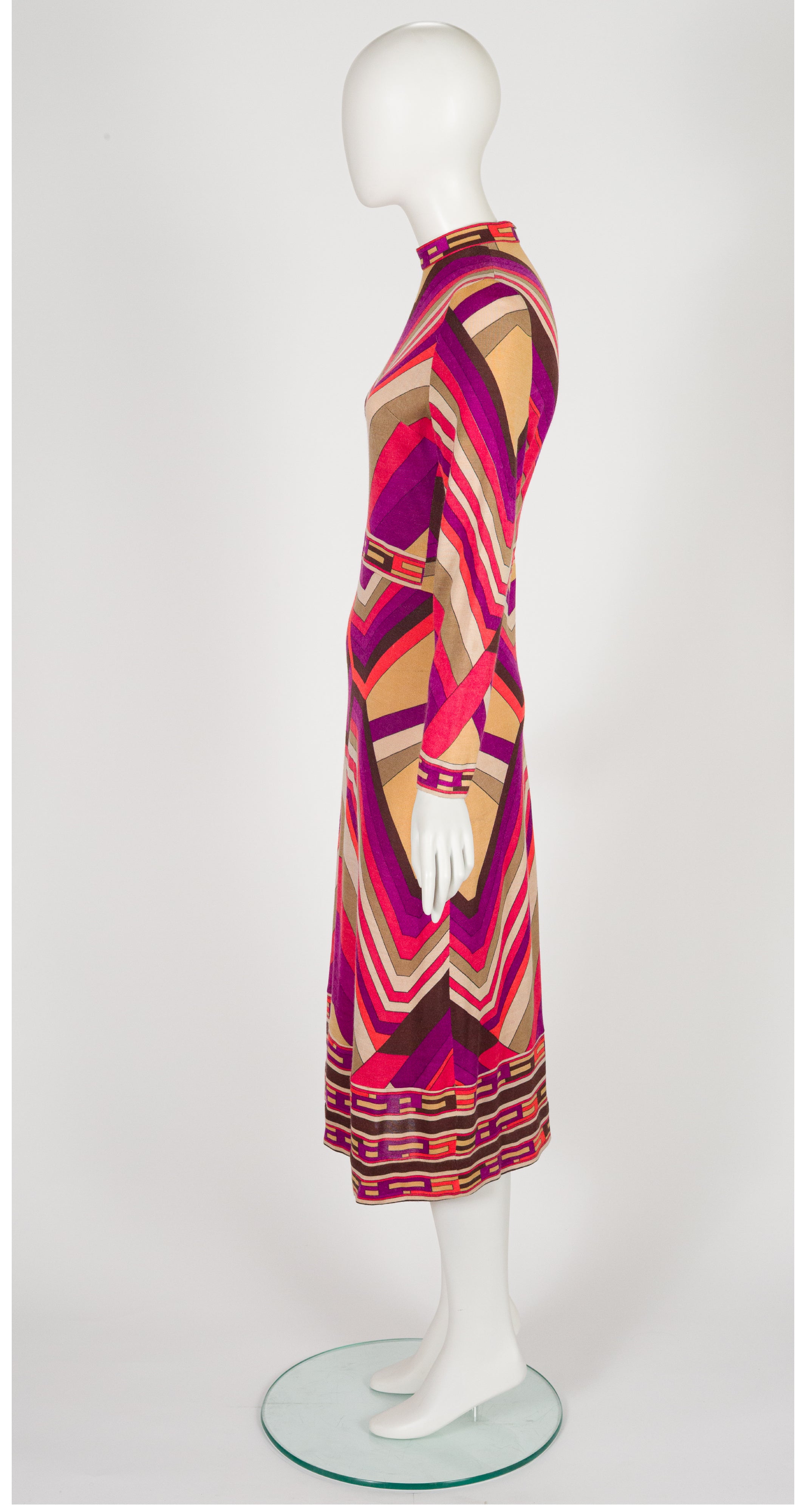 1970s Geometric Print Wool Jersey Long Sleeve Midi Dress