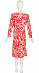 1970s Abstract Swirl Print Long Sleeve Hooded Dress