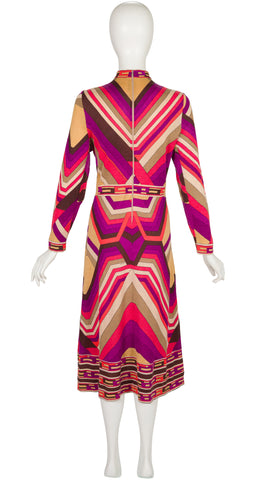 1970s Geometric Print Wool Jersey Long Sleeve Midi Dress