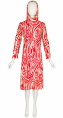 1970s Abstract Swirl Print Long Sleeve Hooded Dress