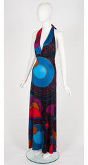 1970s Geometric Print Black Jersey Halter Neck Maxi Dress