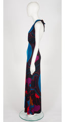 1970s Geometric Print Black Jersey Halter Neck Maxi Dress