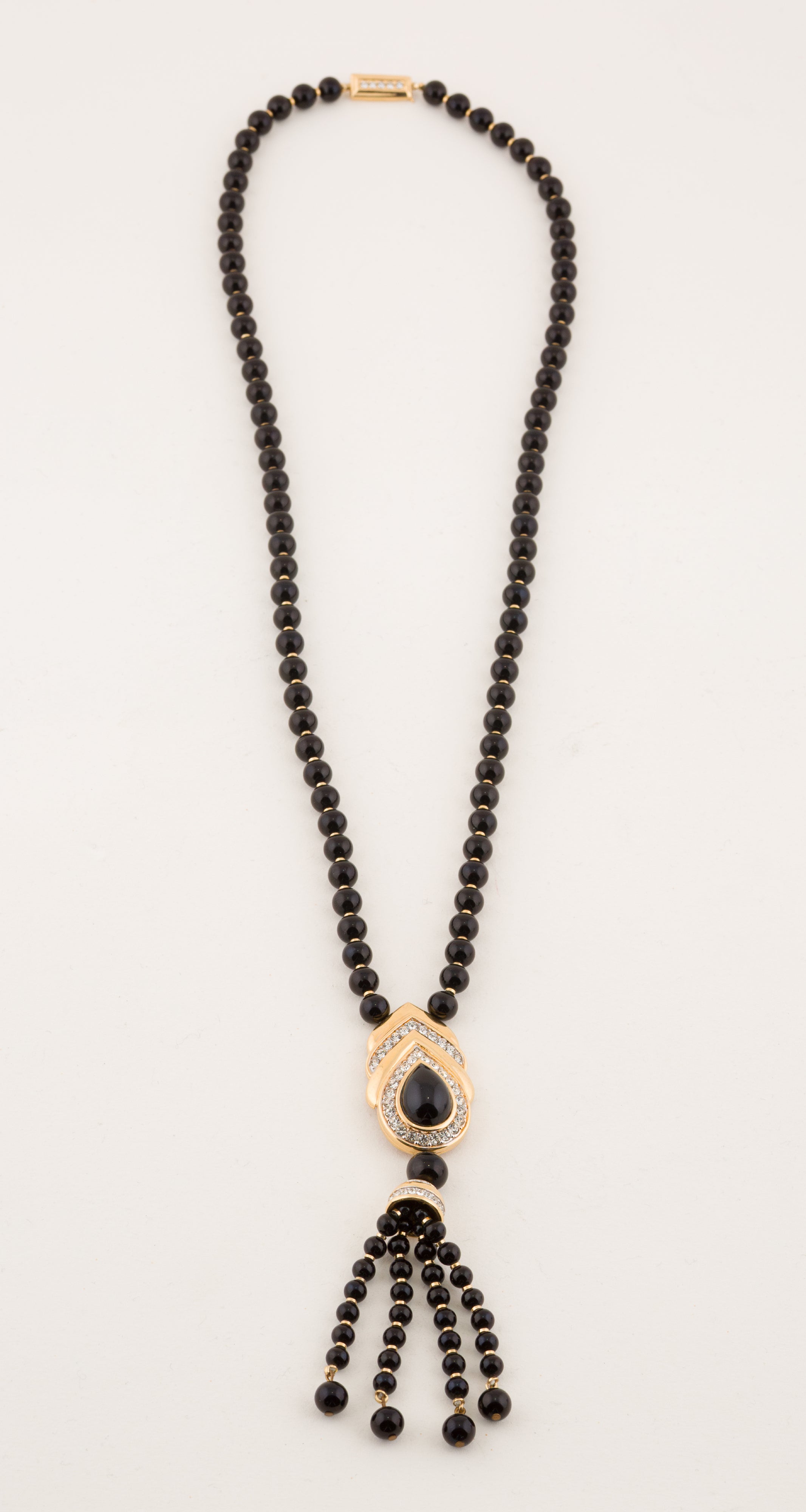 1980s Black Beaded Tassel Pendant Necklace w/ Box