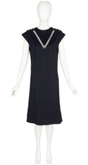 1960s Black Wool V Inset Cap Sleeve Shift Dress