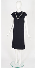 1960s Black Wool V Inset Cap Sleeve Shift Dress