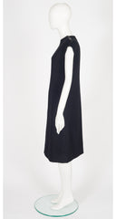 1960s Black Wool V Inset Cap Sleeve Shift Dress