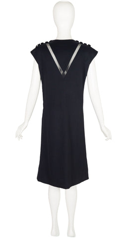 1960s Black Wool V Inset Cap Sleeve Shift Dress