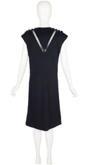 1960s Black Wool V Inset Cap Sleeve Shift Dress