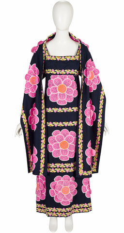 1970s Pink 3D Flower Cotton Maxi Dress & Shawl Set