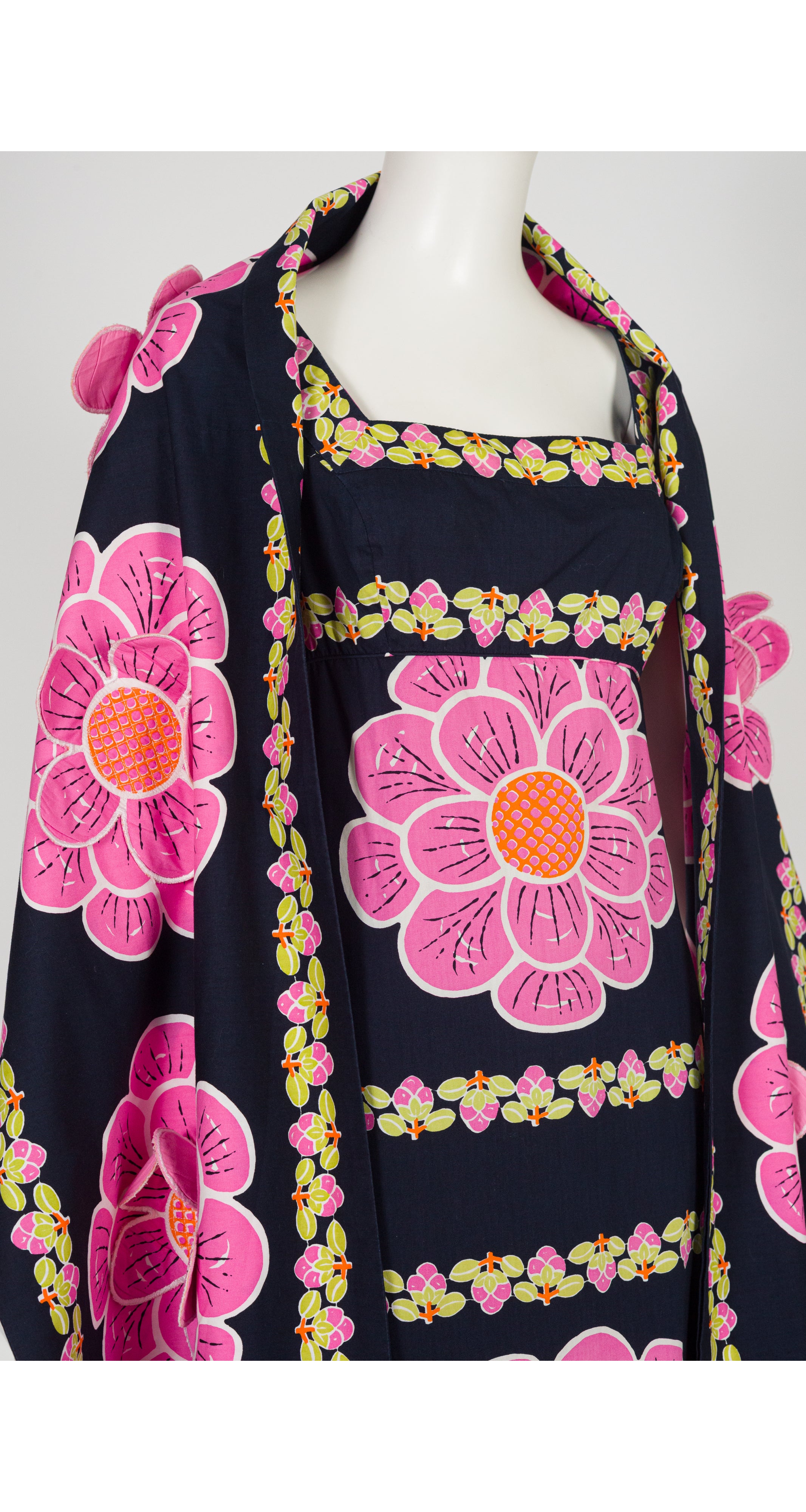1970s Pink 3D Flower Cotton Maxi Dress & Shawl Set