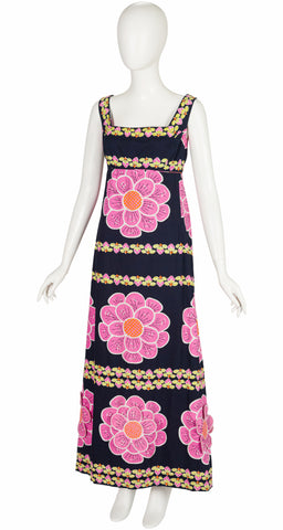 1970s Pink 3D Flower Cotton Maxi Dress & Shawl Set