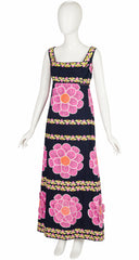 1970s Pink 3D Flower Cotton Maxi Dress & Shawl Set
