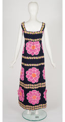 1970s Pink 3D Flower Cotton Maxi Dress & Shawl Set