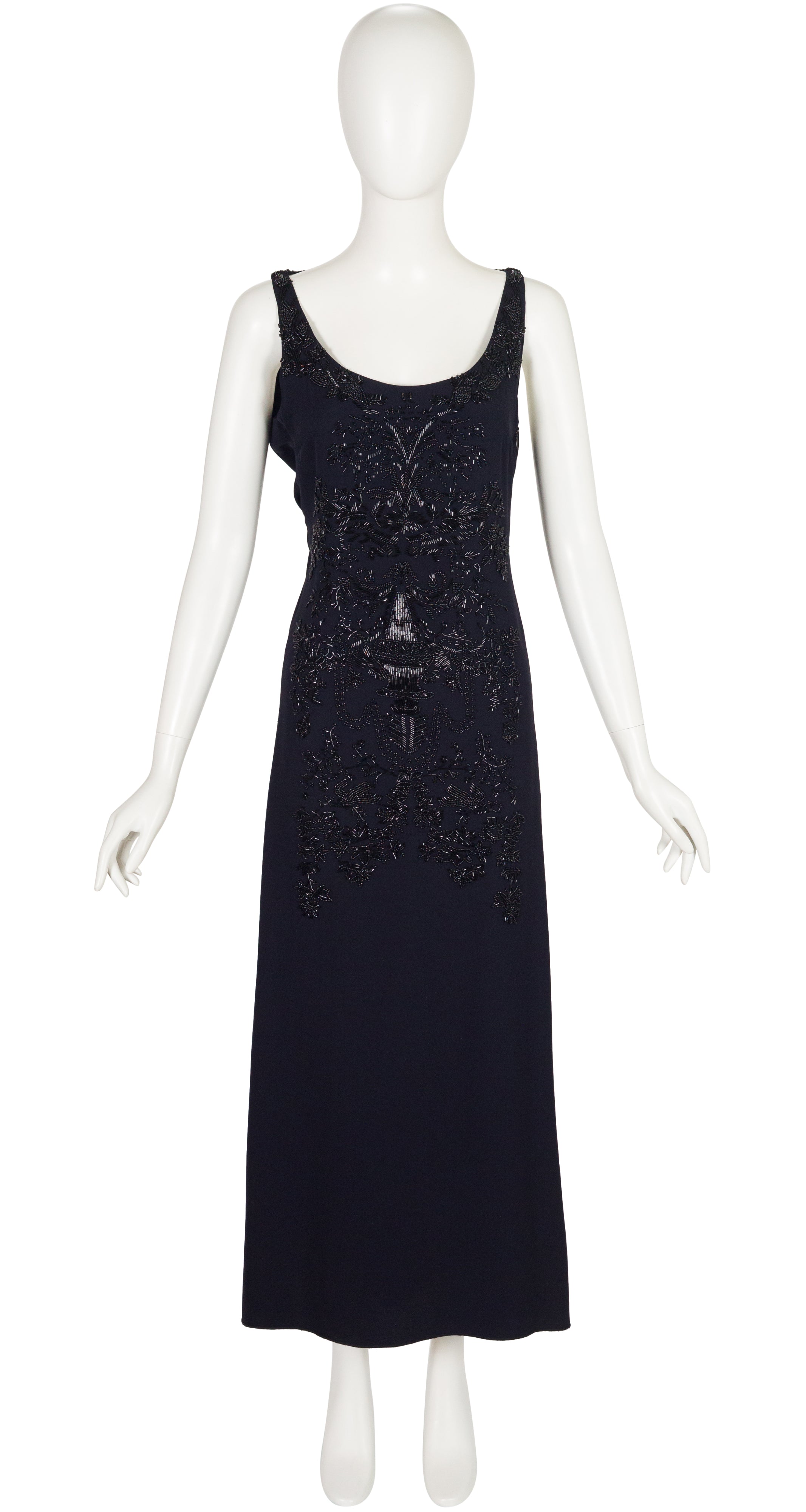 2010s Embellished Navy Crepe Draped Back Evening Gown