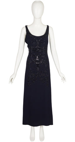 2010s Embellished Navy Crepe Draped Back Evening Gown