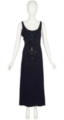 2010s Embellished Navy Crepe Draped Back Evening Gown