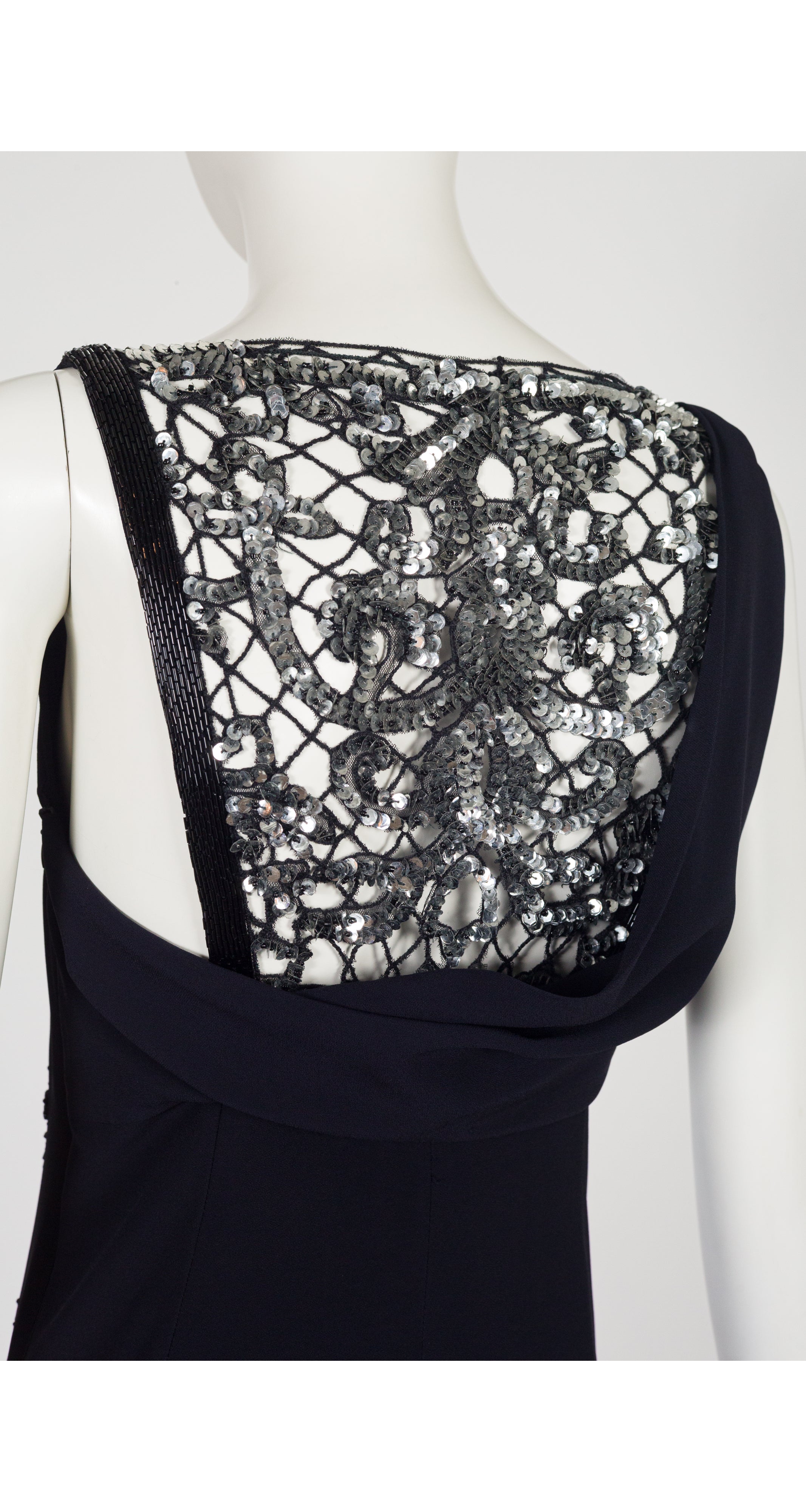 2010s Embellished Navy Crepe Draped Back Evening Gown