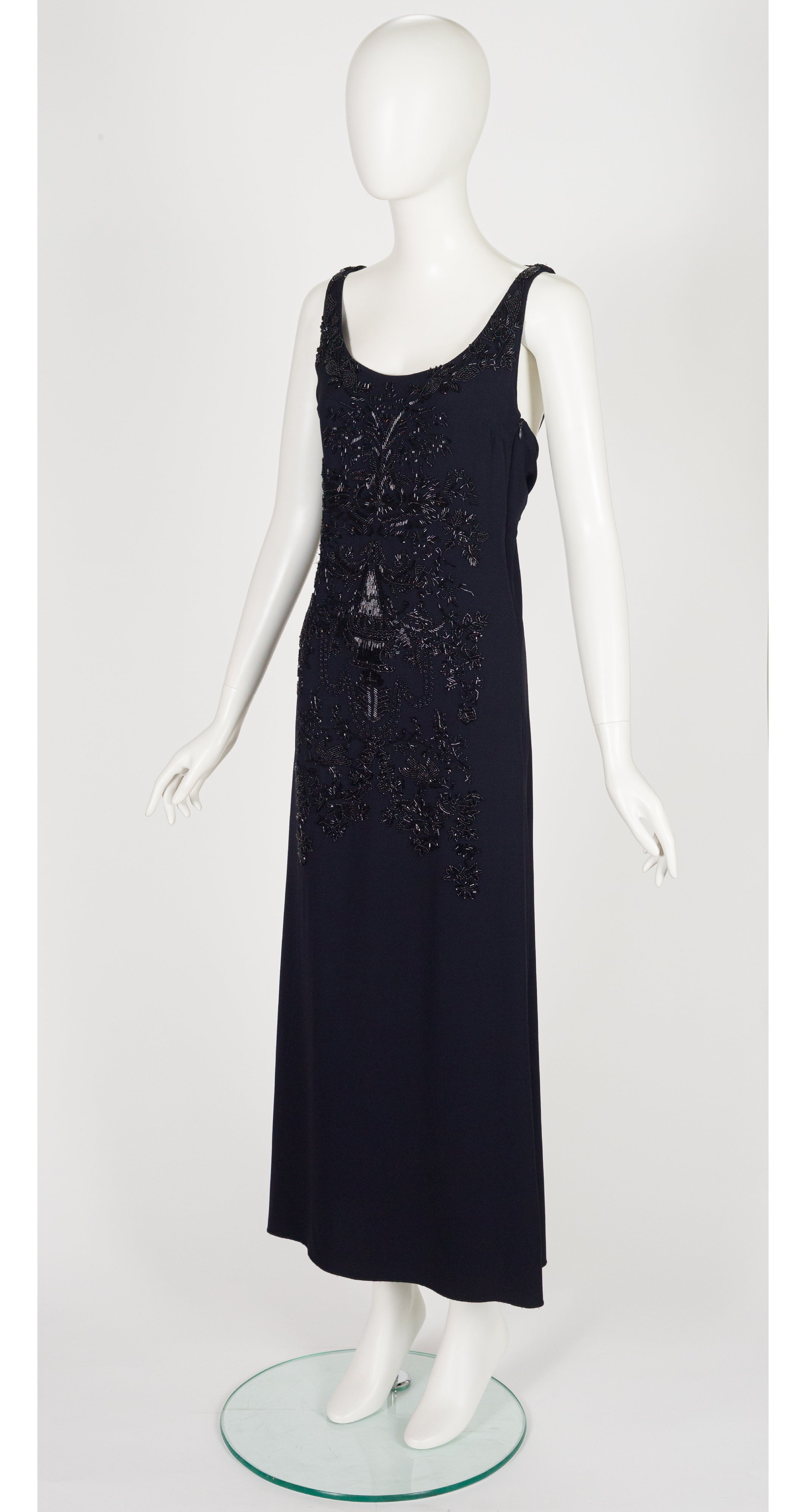 2010s Embellished Navy Crepe Draped Back Evening Gown