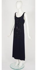 2010s Embellished Navy Crepe Draped Back Evening Gown