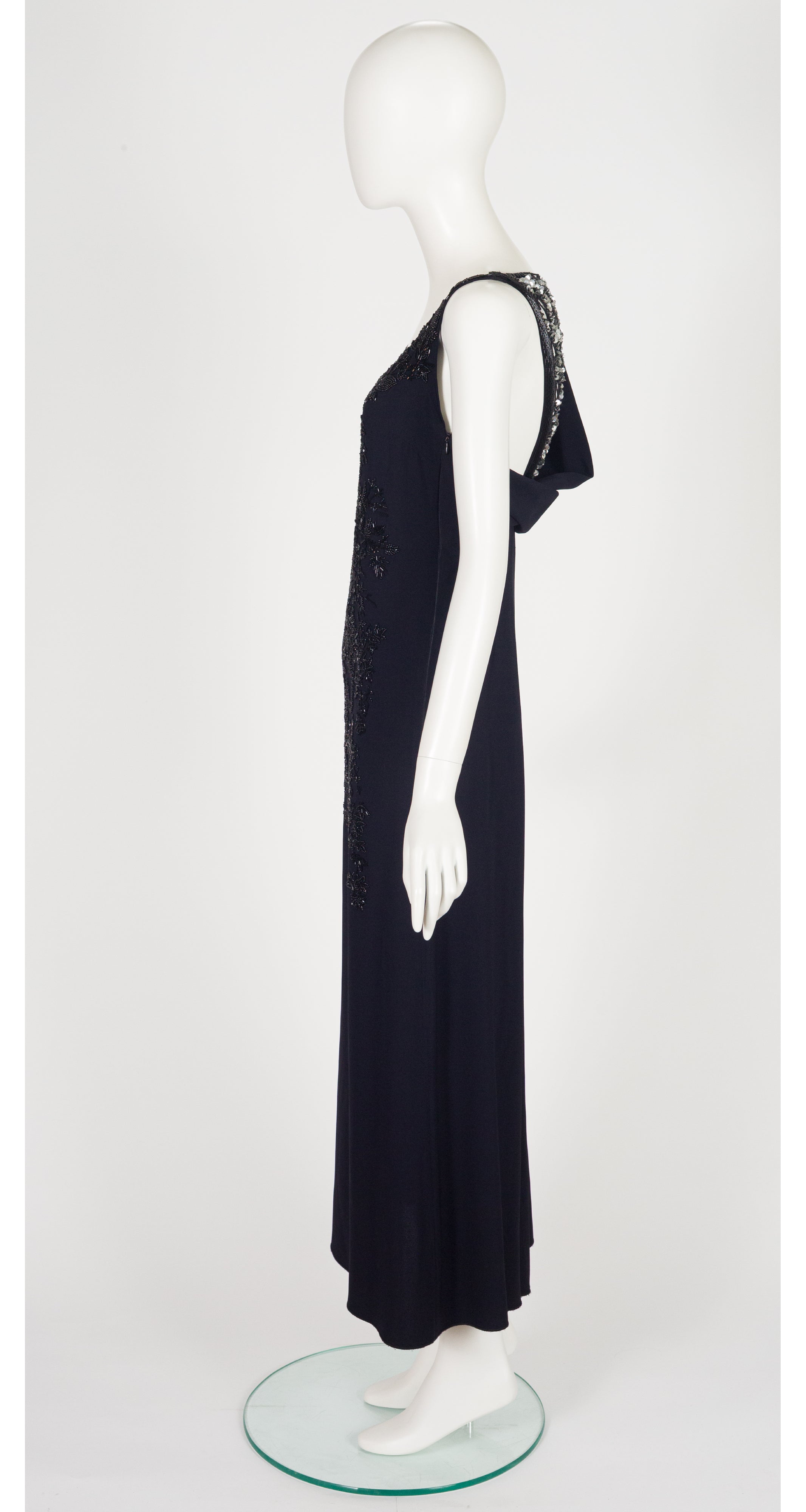 2010s Embellished Navy Crepe Draped Back Evening Gown