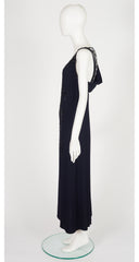2010s Embellished Navy Crepe Draped Back Evening Gown