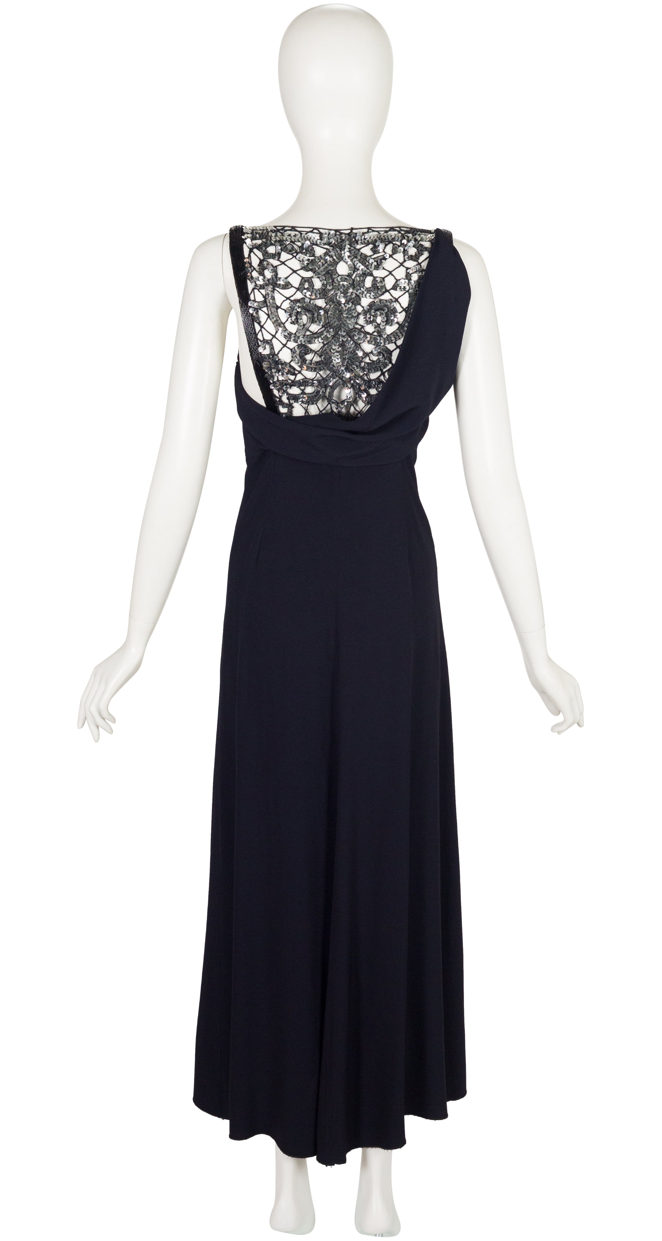 2010s Embellished Navy Crepe Draped Back Evening Gown