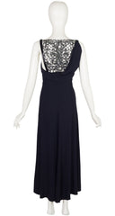 2010s Embellished Navy Crepe Draped Back Evening Gown