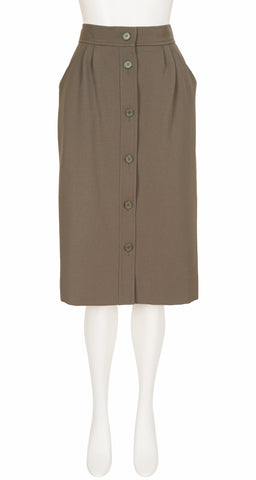 1980s Olive Brown Wool Gabardine Button-Up Skirt