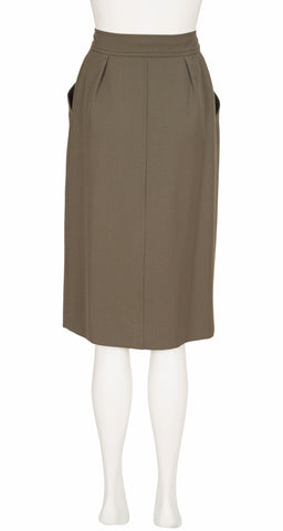 1980s Olive Brown Wool Gabardine Button-Up Skirt