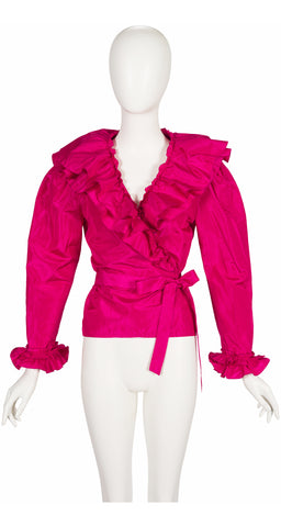 1970s Fuchsia Silk Taffeta Ruffle Wrap Blouse