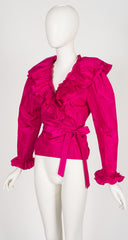 1970s Fuchsia Silk Taffeta Ruffle Wrap Blouse