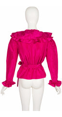 1970s Fuchsia Silk Taffeta Ruffle Wrap Blouse