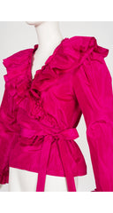 1970s Fuchsia Silk Taffeta Ruffle Wrap Blouse