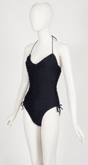 1983 Black Ruched Halter One-Piece Swimsuit